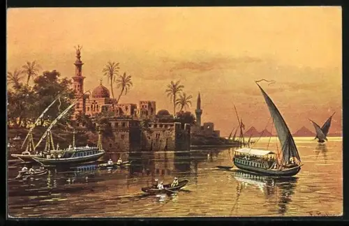 Künstler-AK Friedrich Perlberg: Cairo, Abendstimmung am Nil, Boote