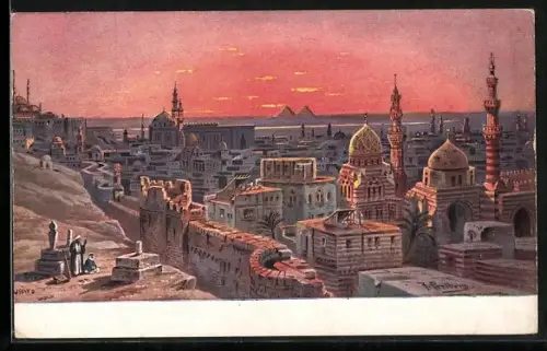 Künstler-AK F.Perlberg: Kairo, Panorama in der Dämmerung