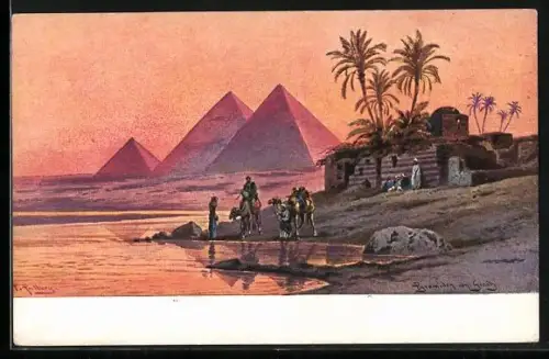 Künstler-AK Friedrich Perlberg: Gizeh, Les pyramides