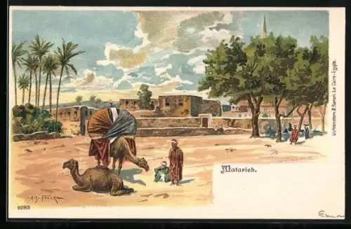 Lithographie Matarieh, Ortsansicht, Einheimische mit Dromedar