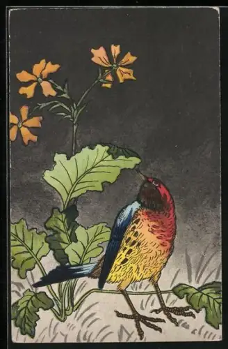 Künstler-AK Bunter Vogel unter einer Feldblume, Japanische Kunst