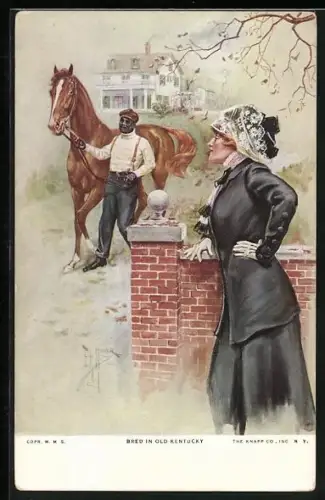 AK Bred in old Kentucky, Frau blickt zum Farbigem, der ein Pferd an den Zügeln hält
