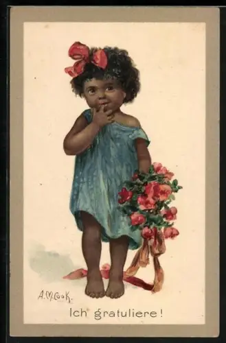 Künstler-AK sign. A. M. Cook: Kleines Mädchen gratuliert mit Blumenstrauss