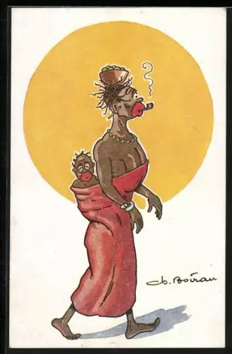Künstler-AK sign. Boivau: Les Bienfaits de la Civilisation, afrikanische Mutter mit Baby