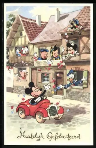 AK Geburtstagsgruss, Micky Maus verabschiedet sich von seinen Freunden