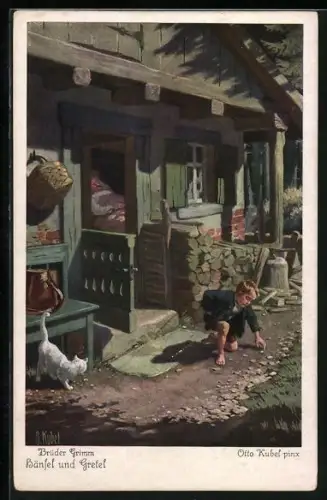 Künstler-AK Otto Kubel: Brüder Grimm, Hänsel und Gretel, Nr. 1, Hänsel sammelt Steinchen für die Heimwegsuche