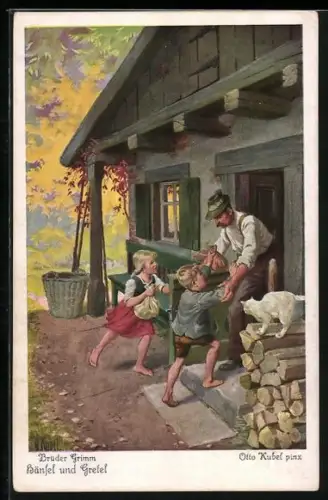 Künstler-AK Otto Kubel: Hänsel und Gretel laufen barfuss zum Vater ins Haus