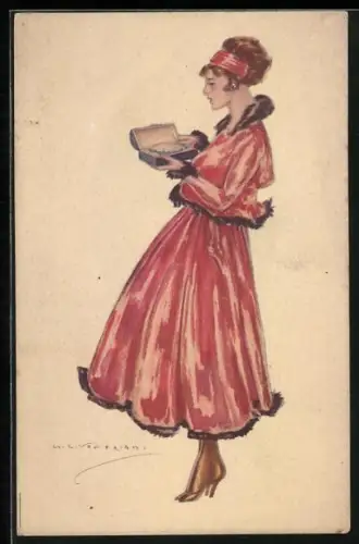 AK Elegante Dame betrachtet die Halskette in der Schmuckschatulle, Art Deco