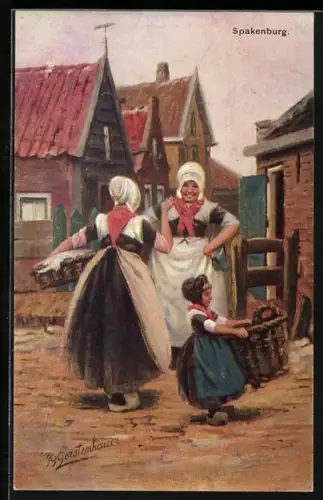 Künstler-AK Johan Georg Gerstenhauer: zwei holländische Waschfrauen im Gespräch, Mädchen schleppt einen Wäschekorb