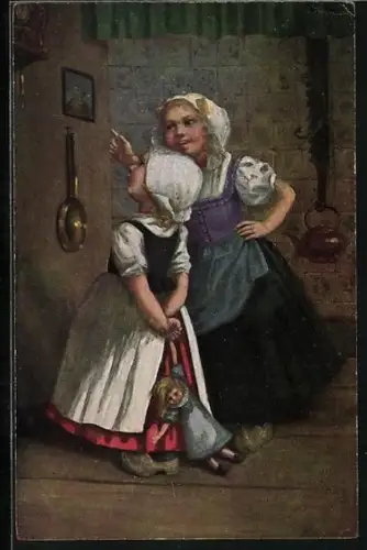 AK Mädchen mit Puppe betrachtet ein Bild an der Wand