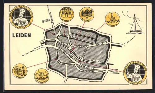 AK Leiden, Karte des Ortes mit verschiedenen Sehenswürdigkeiten