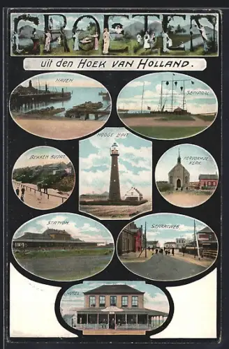 AK Hoek van Holland, Hooge Licht, Haven, Straatweg, Hotel & Station