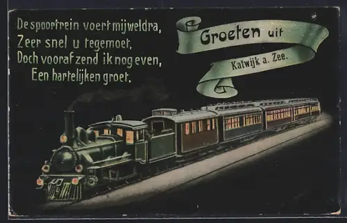 Künstler-AK Katwijk a. Zee, Eisenbahn mit nächtlicher Beleuchtung, Gedicht, Grusskarte
