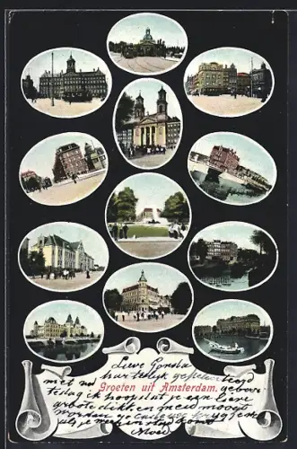 AK Amsterdam, Kirche, Rathaus mit Strassenbahn, Strassenpartie
