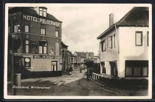 AK Dirksland, Winterstraat, Motiv mit Hotel Polderman