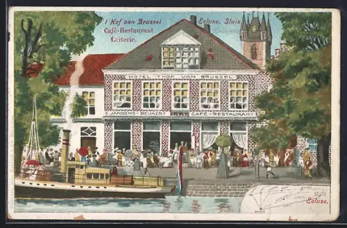 Künstler-AK Sluis, `t Hof van Brussel - Cafe-Restaurant