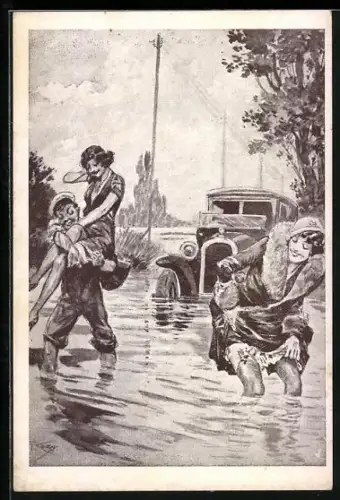 Künstler-AK sign.: G. Conrad, Les incidents de a Route, La Route inondée