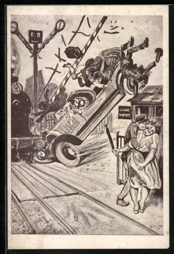 Künstler-AK sign.: G. Conrad, Les incidents de a Route, Le Passage á Niveau