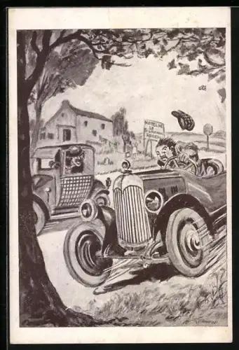 Künstler-AK sign.: G. Conrad, Les incidents de a Route, Auto fährt gegen Baum