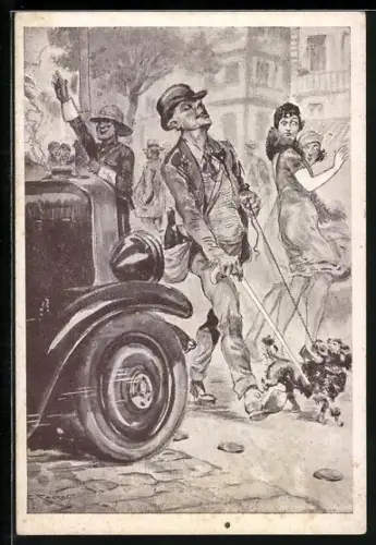 Künstler-AK Les incidents de a Route, L`Aveugle, Auto