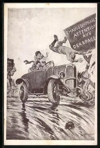 Künstler-AK sign. G. Conrad: Les Incidents de la Route, Kinder fahren ein Auto