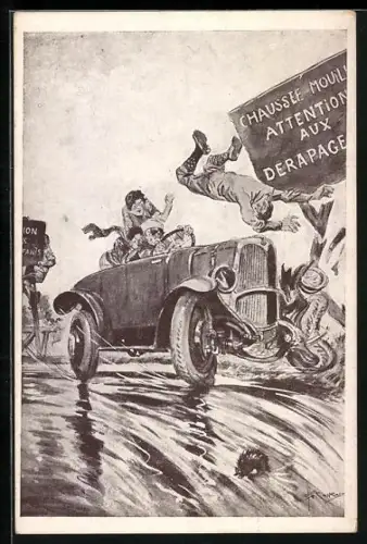 Künstler-AK sign. G. Conrad: Les Incidents de la Route, Kinder fahren ein Auto