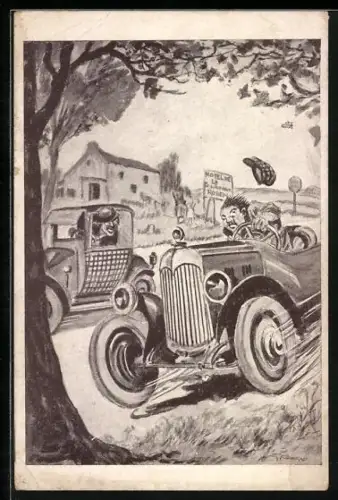 Künstler-AK sign.: G. Conrad, Les incidents de a Route, Auto fährt gegen Baum