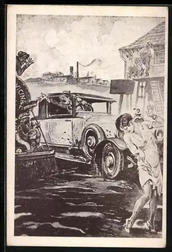 Künstler-AK Les incidents de a Route, Le Goudronnage