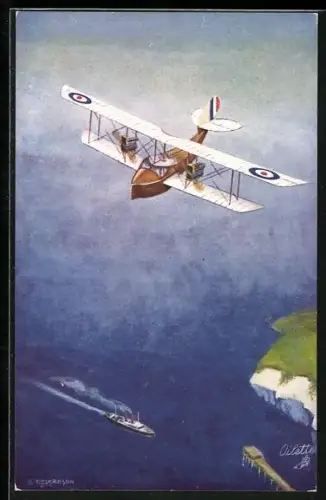 Künstler-AK G. T. Clarkson: In the Air - Two-engined Bat-boat, Wasserflugzeug