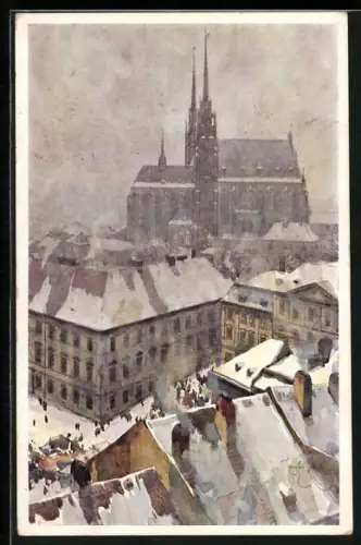 Künstler-AK Jaroslav Setelik: Brünn /Brno, Dom a museum Frantiskovo, Markt und Domblick