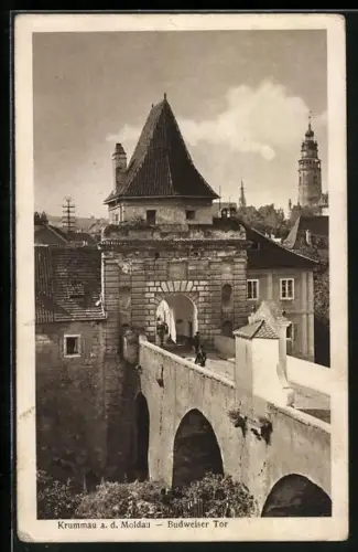 AK Krumau / Cesky Krumlov, Brücke über die Moldau und Budweiser Tor