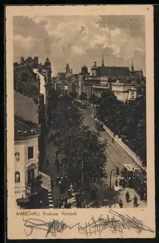 AK Warschau, Krakauervorstadt und Strassenbahn
