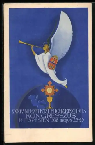 AK Budapest, 34. Nemzetközi Eucharisztikus Kongresszus 1938, Logo, Engel mit Fanfare