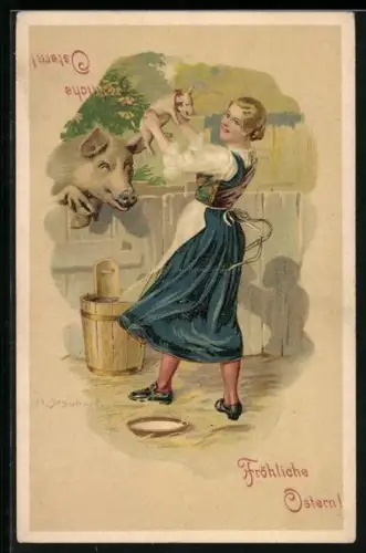 Künstler-AK H. Schubert: Junge Frau mit Ferkel