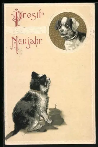 Lithographie Kleine Katze blickt zu einem jungen Hund hinauf, Neujahrsgruss