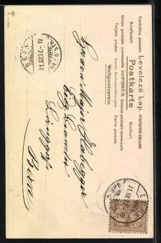 Lithographie Kleine Katze blickt zu einem jungen Hund hinauf, Neujahrsgruss