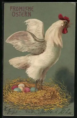 Präge-AK Huhn im Nest mit Ostereiern, Ostergruss