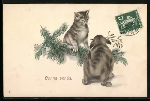 AK Kätzchen mit Tannenzweig, Kaninchen mit Mistel, Neujahrsgruss