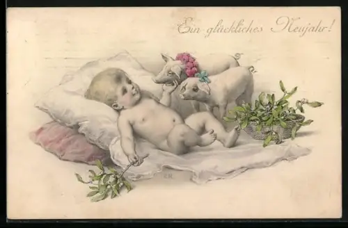 AK Nacktes Baby auf einem Bett bekommt Besuch von zwei Ferkeln, Mistelzweige, Neujahrsgruss