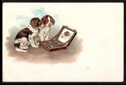 AK Zwei Hunde betrachten sich auf einer Zeichnung
