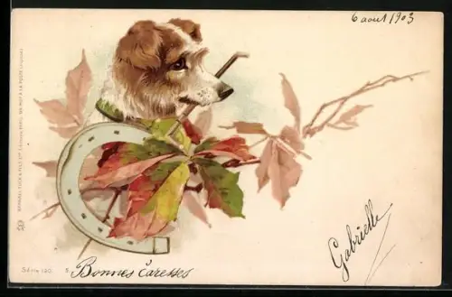 Lithographie Junger Hund zwischen herbstlichen Blättern mit Hufeisen