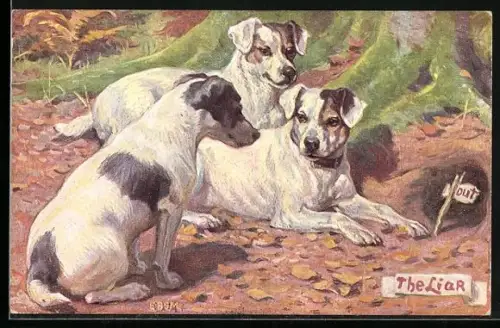 AK The Liar, Drei Hunde vor einer Kaninchenhöhle