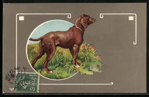 Lithographie Jagdhund auf einer Blumenwiese