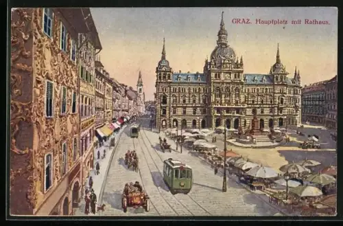 Künstler-AK Graz, Hauptplatz mit Rathaus und Strassenbahn
