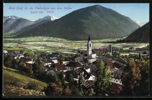 AK Mals im Vintschgau, Totale mit dem Ortler