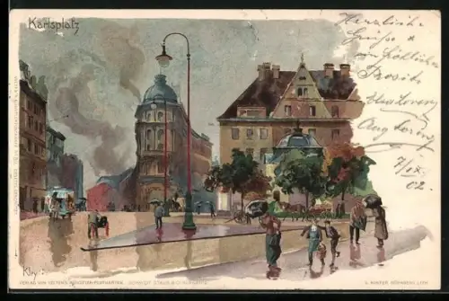 Künstler-AK Heinrich Kley: München, Ein regnerischer Tag am Karlsplatz