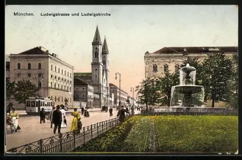 AK München, Ludwigstrasse und Ludwigskirche, Strassenbahn