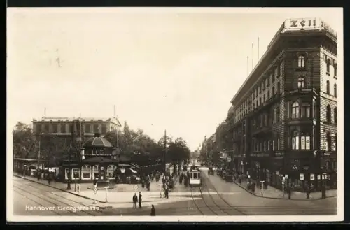 AK Hannover, Georgstrasse mit Geschäften und Strassenbahn