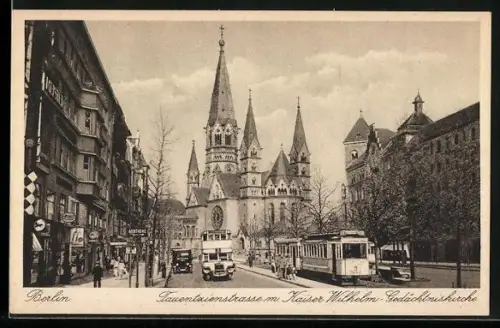AK Berlin-Charlottenburg, Strassenbahn in der Tauentzienstrasse mit Blick zur Kaiser Wilhelm-Gedächtniskirche