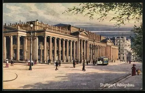 Künstler-AK Stuttgart, Königsbau mit Strassenbahn